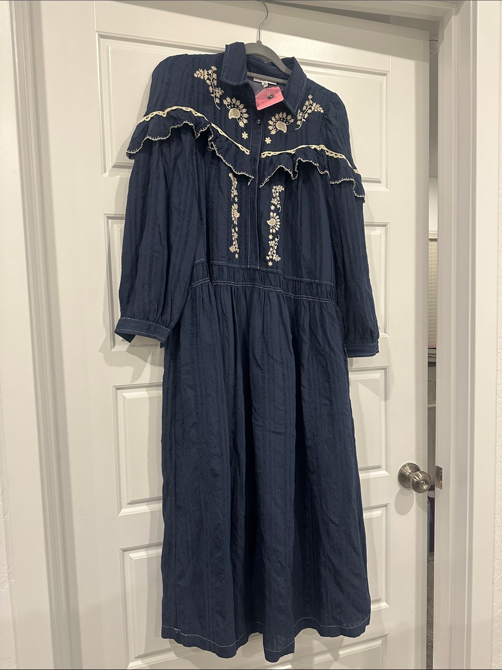 Navy Embroidered Midi Dress with Ruffle Yoke